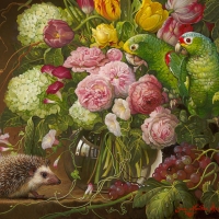 Floral with hedgehog and parrots