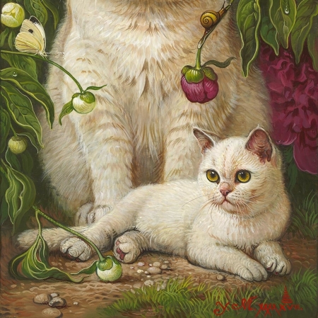 Kitten - pink, cat, pictura, peony, white, kitten, painting, pisici, yana movchan, art