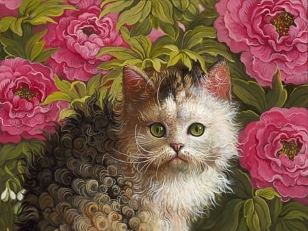 Kitten - flower, pink, cat, pictura, kitten, green, painting, pisici, yana movchan, art