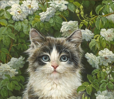 Cat - flower, cat, pictura, white, green, painting, pisici, yana movchan, art