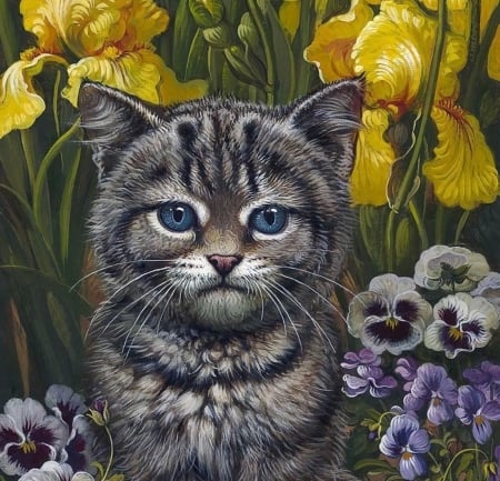 Cat - yellow, flower, cat, pictura, painting, iris, pisici, yana movchan, pansy, art