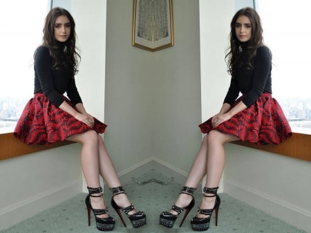 Lily Collins - blouse, wallpaper, 2019, heels, lily, model, beautiful, actress, collins, legs, lily collins, skirt, sexy