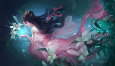 Sea of Lillies - pretty, fantasy, woman, digital, girl, art, pink, wallpaper