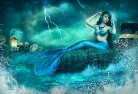 Blue Mermaid - wallpaper, digital, pretty, siren, girl, blue, art, fantasy, mermaid, woman