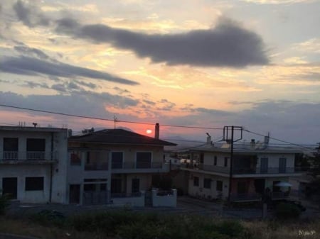 sunset at the village - village, clouds, sunset, houses