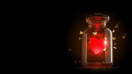 ♥ - heart, bottle, black, fantasy, red, valentine, butterfly, aleksandr ovcharenko, luminos