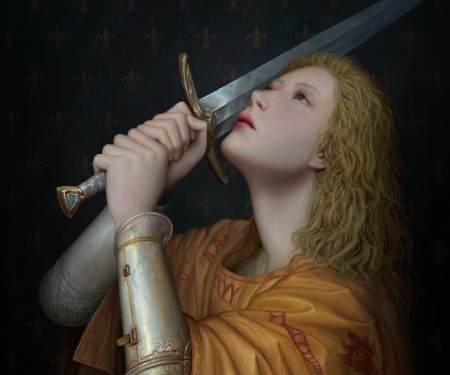 Joan of Arc - jeanne darc, girl, sword, armor, fantasy, kunlin lee, face, art, luminos, joan of arc