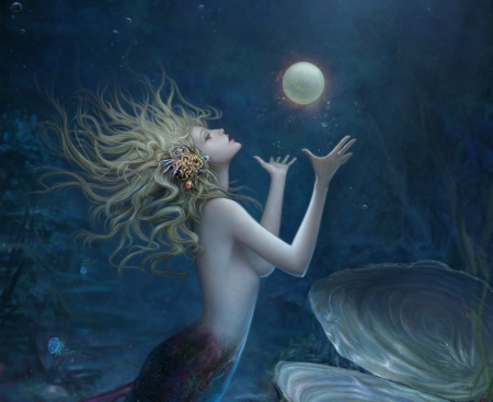 Mermaid playing with apearl - water, summer, blue, ball, girl, sea, fantasy, kunlin lee, siren, mermaid, art, vara, luminos, pearl