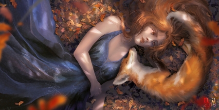 Sleeping Reds - vulpe, mohn blume, fox, girl, orange, fantasy, animal, sleep, red, art, luminos