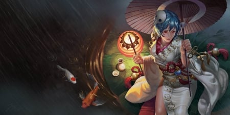 Fantasy girl - summer, pesti, tian dm, girl, umbrella, lantern, fantasy, fish, luminos, vara, parasol, furmusete