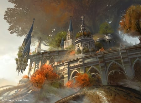 Temple garden - garden, fantasy, temple, orange, luminos, titus lunter, autumn, art