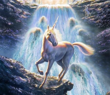 Unicorn - fantasy, white, waterfall, blue, unicorn, art, luminos