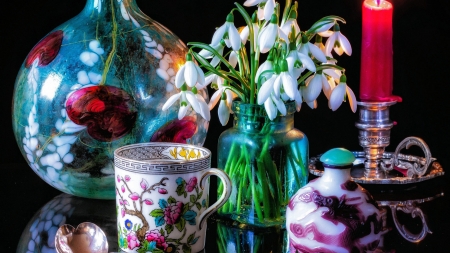 Tea Time - flowers, blossoms, porcelain, candle, still life