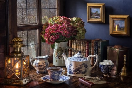 Still life - style, rain, flowers, window, teapot