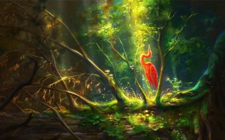 Bird - bird, forest, orange, pasari, fantasy, tamberella, green, jungle, art, luminos