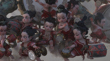 Clan of Drums - clan of drums, te hu, baby, red, fantasy, cute