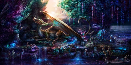 Gathering of the whitewood - pink, water, bjpentecost, blue, creature, fantasy, gathering, dragon, luminos