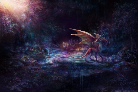 Crimson Cave Dragon - cave, crimson, fantasy, dragon, bjpentecost, blue, pink, luminos