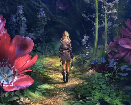 :) - flower, forest, pink, girl, art, fantasy, thomas chamberlain, luminos, green