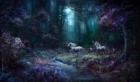 Flying to the Whitewood - frumusete, fantasy, bjpentecost, blue, forest, unicorn, pink, luminos