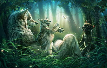 :) - morning, balaa, cub, fantasy, wolf, maquenda, forest, luminos, green, cute