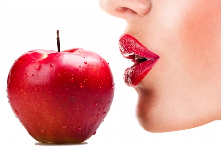 â™¥ - woman, lips, girl, red, water drops, apple, fruit