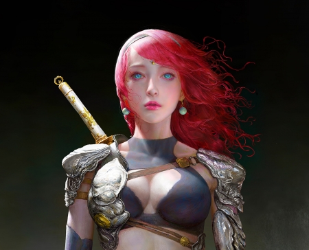 Fighter - fighter, fantasy, redhead, red, girl, shaoda ju, art, luminos