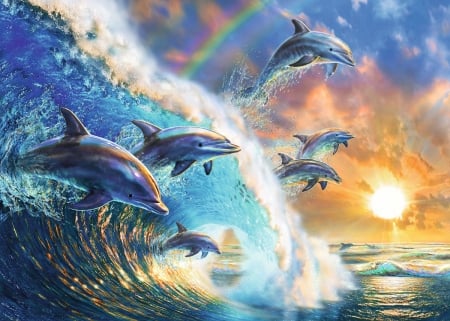 Dancing dolphins - water, summer, dolphin, sea, fantasy, sunset, wave, vara, sun, luminos