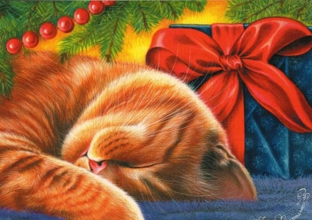 :) - irina garmashova, blue, ginger, orange, cat, christmas, pictura, sleep, craciun, red, painting, gift, bow, art