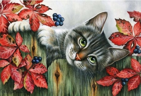 Hello! - autumn, irina garmashova, cat, berry, pisici, leaf, fruit, painting, art, pictura