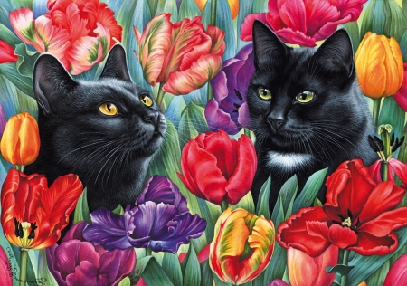 :) - yellow, irina garmashova, tulip, cat, black, pictura, red, painting, pisici, art