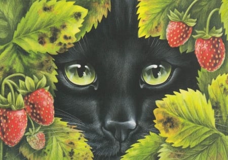 Hiding - strawberry, irina garmashova, berry, eyes, cat, black, pictura, red, green, painting, fruit, pisici, art