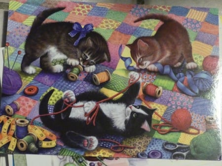 Playful kittens - irina garmashova, cat, kitten, trio, painting, art, animal, pictura, cute