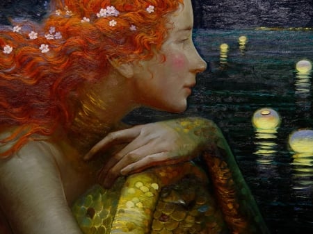 Mermaid - water, girl, victor nizovtsev, redhead, art, lake, lantern, fantasy, pictura, mermaid, hand, luminos, painting