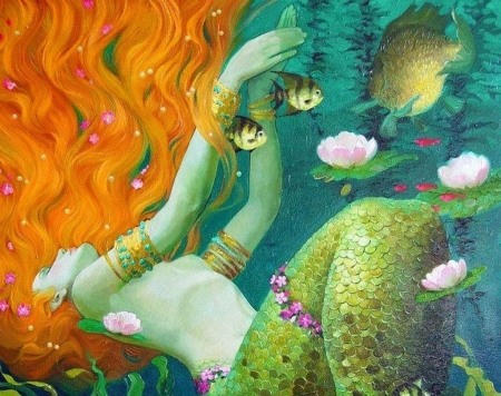 Mermaid - summer, flower, redhead, lotus, fantasy, mermaid, water, victor nizovtsev, blue, art, pictura, fish, orange, luminos, vara, sea, painting