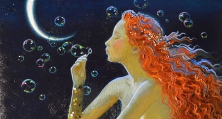 Mermaid - moon, redhead, vara, summer, bubbles, fantasy, painting, art, mermaid, luminos, orange, pictura, luna, victor nizovtsev