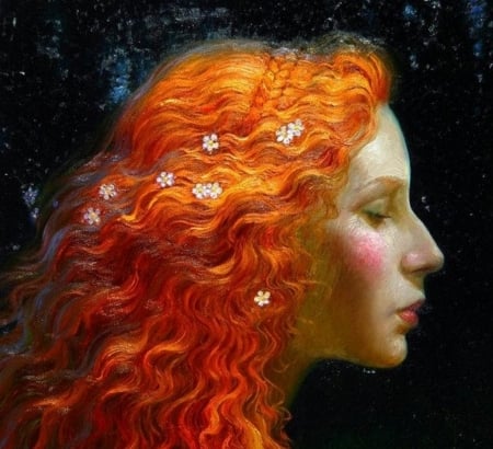 Mermaid - redhead, girl, profile, black, fantasy, painting, face, art, mermaid, siren, luminos, orange, pictura, flower, victor nizovtsev