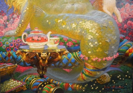 Mermaid (detail) - tail, detail, fantasy, cup, painting, teapot, art, luminos, mermaid, pictura, victor nizovtsev