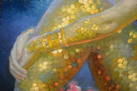 Mermaid (detail) - detail, yellow, jewel, pictura, fantasy, siren, hand, mermaid, victor nizovtsev, painting, glitter, golden, art, luminos, pearl