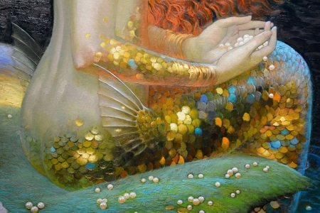 Mermaid (detail) - yellow, blue, pictura, fantasy, hand, mermaid, victor nizovtsev, painting, golden, art, luminos, pearl