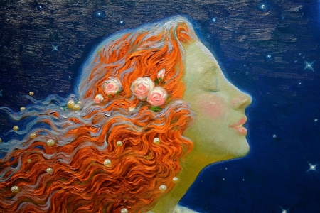 Mermaid - summer, blue, pink, siren, face, art, luminos, vara, water, girl, orange, flower, fantasy, pictura, wreath, redhead, victor nizovtsev, painting