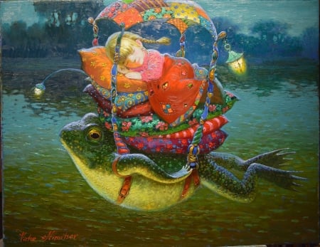 :) - water, copil, orange, child, lantern, boy, pictura, fantasy, sleep, victor nizovtsev, green, painting, art, frog