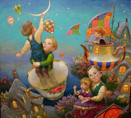 :) - moon, copil, fantasy, grandmother, cup, painting, teapot, art, children, luminos, pictura, luna, victor nizovtsev