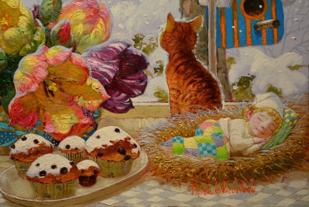 :) - cupcake, cat, pisici, child, copil, painting, art, sleep, nest, boy, luminos, pictura, tulip, flower, victor nizovtsev