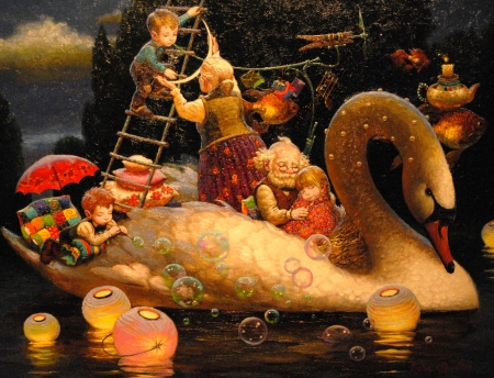 :) - moon, swan, children, copil, dream, grandmother, lantern, pictura, fantasy, victor nizovtsev, painting, luminos, luna