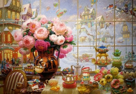 Winter day - bouquet, rose, fantasy, bird, vase, painting, art, pasari, window, pink, pictura, flower, victor nizovtsev