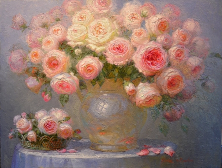 Bouquet of pink roses - trandafir, bouquet, rose, vase, painting, art, luminos, pink, pictura, victor nizovtsev