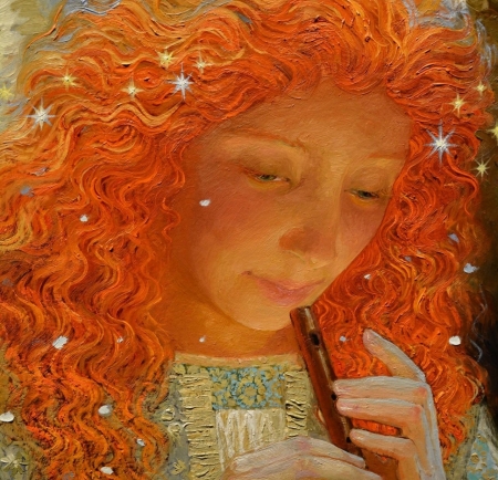 Angel singin on flute - face, instrument, flute, girl, victor nizovtsev, redhead, art, fantasy, pictura, orange, hand, painting, angel