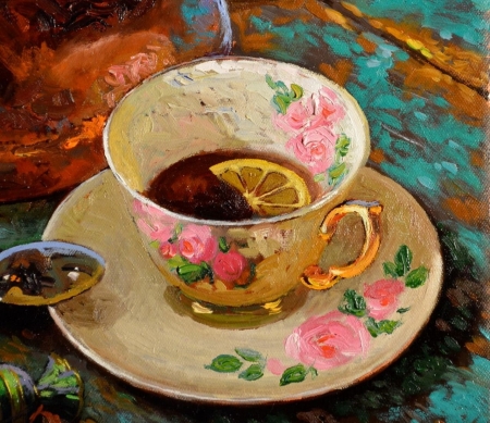 Tea cup - blue, tea, pink, pictura, slice, victor nizovtsev, painting, rose, art, lemon, cup