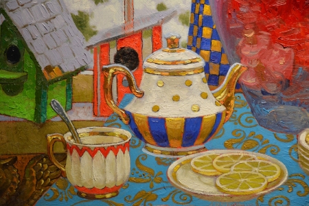 Tea time - fantasy, cup, painting, teapot, lemon, art, blue, red, pictura, slice, victor nizovtsev